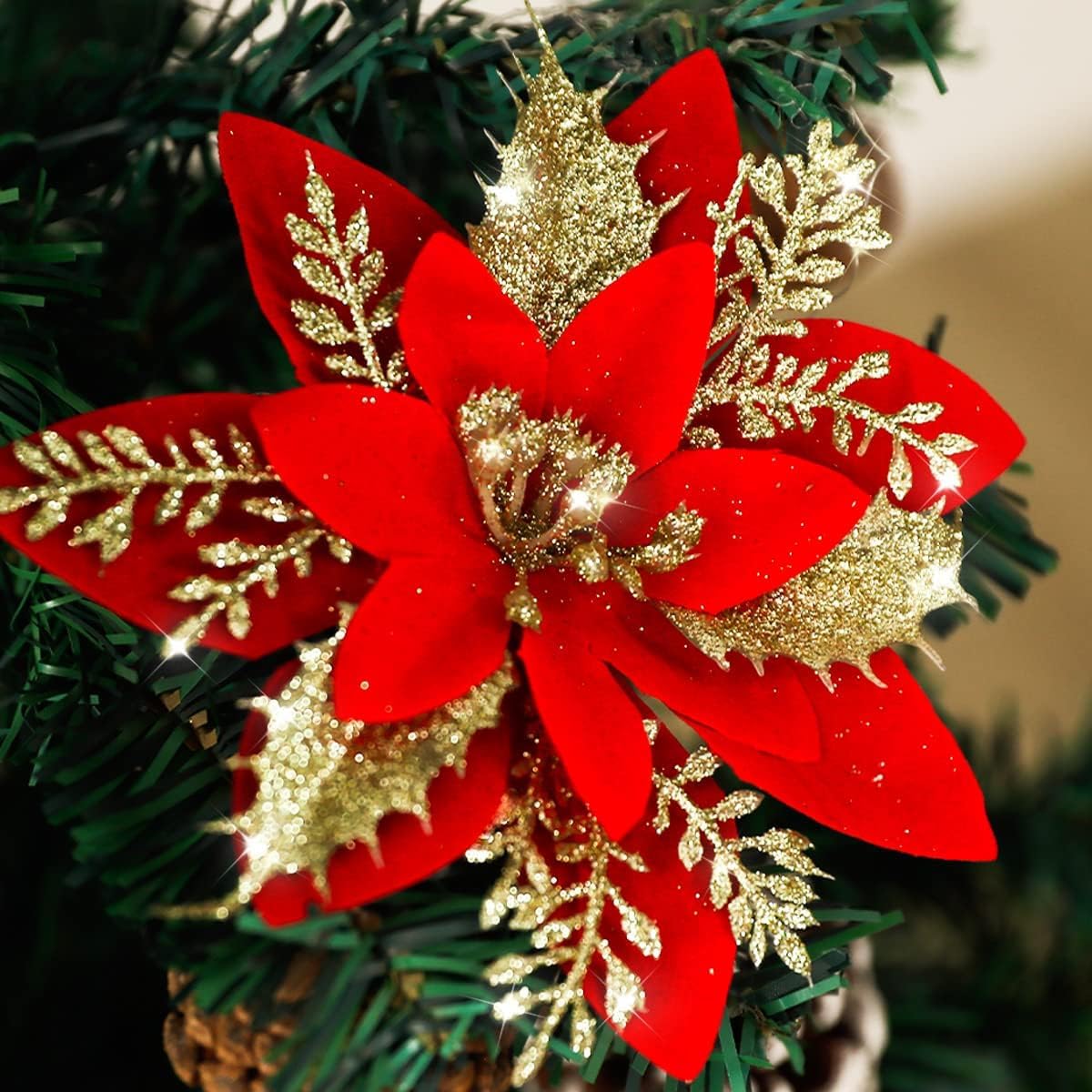 Glamifirsto 5 Artificial Gold Red Poinsettia Flowers Decorations and Stems Glitter Christmas Tree Ornaments Wedding Party Wreath Decor for Xmas Tree DIY Wreath Garland Decoration 2