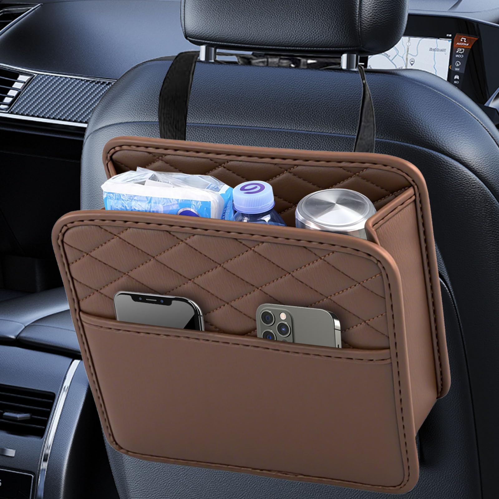 VAGCARS Car Seat Organiser, Waterproof Leather Car Seat Back Storage Box, Hanging Car Storage Bag, Foldable Auto Organizer Back Seat, Universal Auto Document Holder for Kids & Adults (Brown)