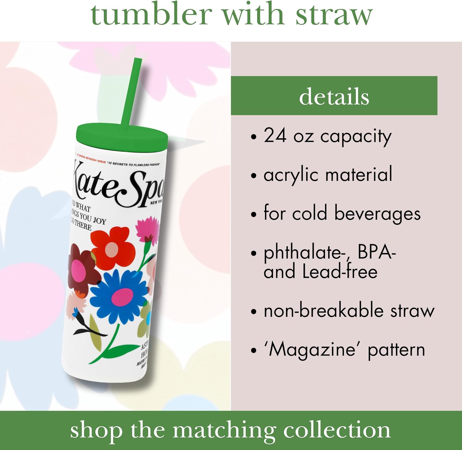 kate spade new york Insulated Tumbler with Reusable Straw, 20 Ounce Acrylic Travel Cup with Lid (Magazine) - Image 7