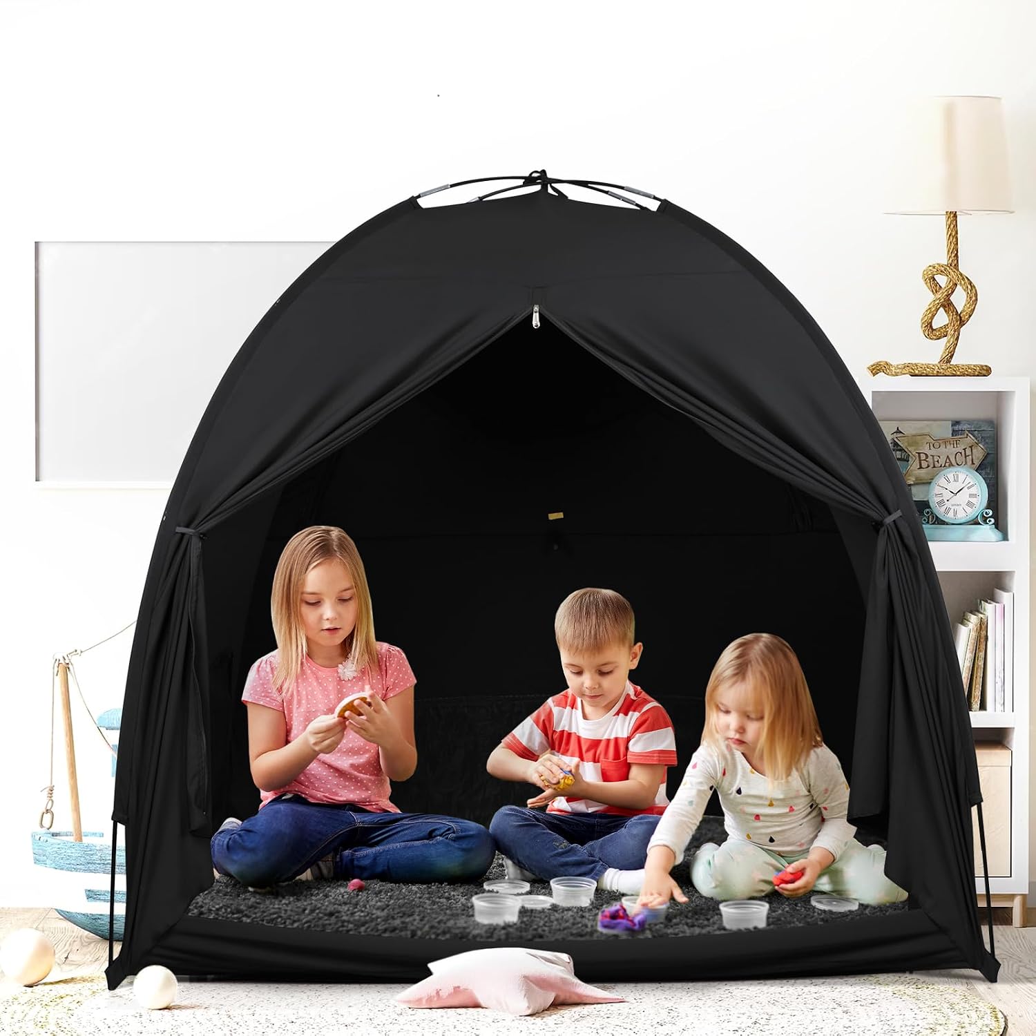 Blackout Tent for Pack and Play, 95% Light Blocking Portable Sleep Pod, Easy Setup No Tools, Pack n Play Cover Fits Standard Playards, Travel Canopy with Monitor Pouch, Black 53"x37"x55"