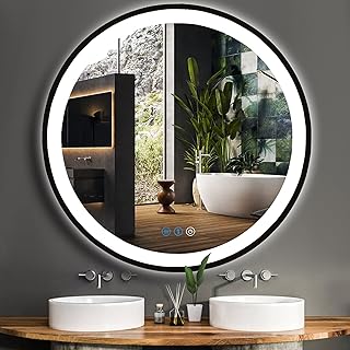 DIDIDADA 36 Inch Round Black Frame LED Bathroom Mirror with Lights for Bathroom Wall Lighted Vanity Mirrors Anti Fog 3 Color Dimmable Circle Bathroom LED Smart Light Mirrors Makeup Vanity LED Mirror