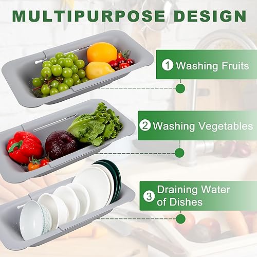 Miniatura 4 de Colador para colocar sobre el fregadero para lavar verduras y frutas, escurrir pasta cocida y platos secos, extensible, artículos esenciales de