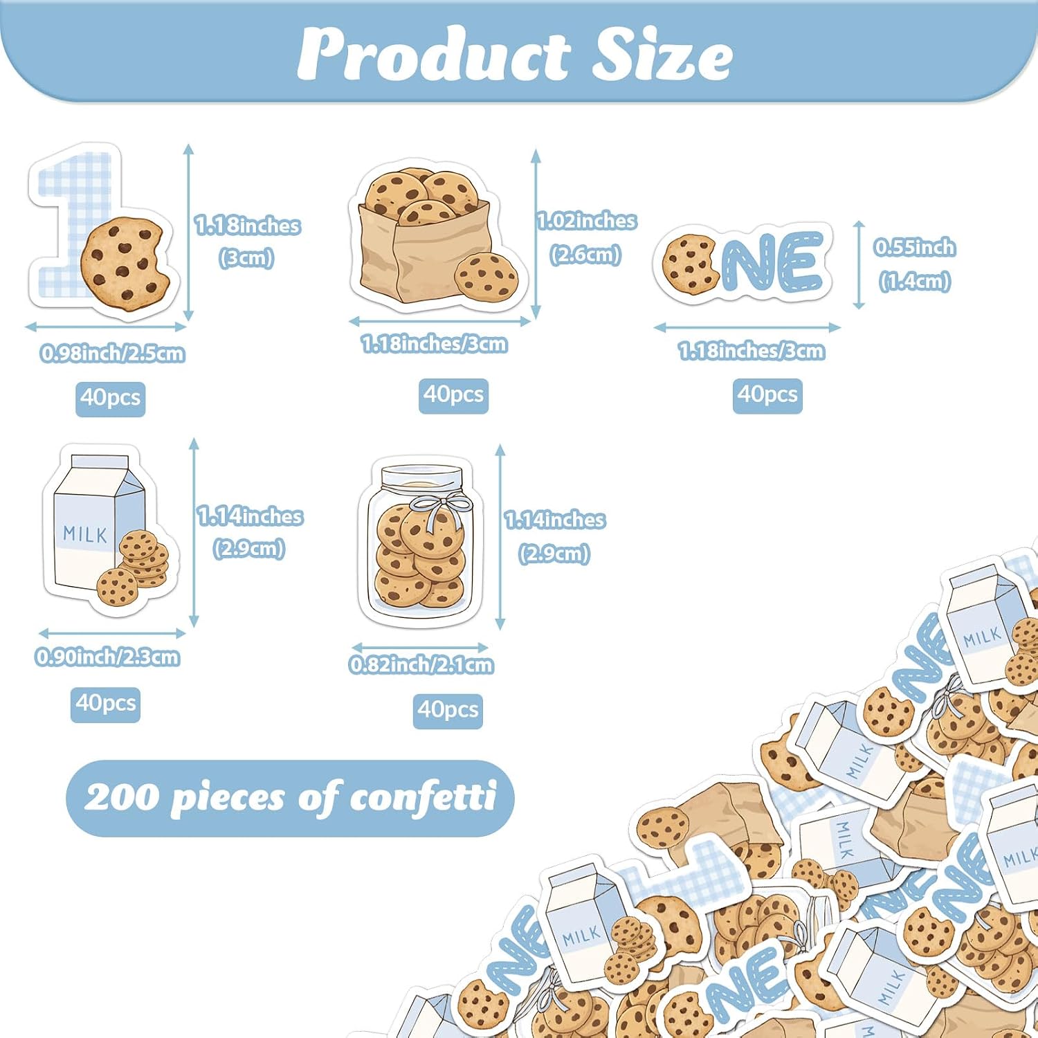 200Pcs Sweet One Cookie Confetti, Milk and Cookies First Birthday Decorations Blue Gingham Table Decor Double-Sided Paper Cutouts for Boy Cookie Theme First Birthday Party Supplies