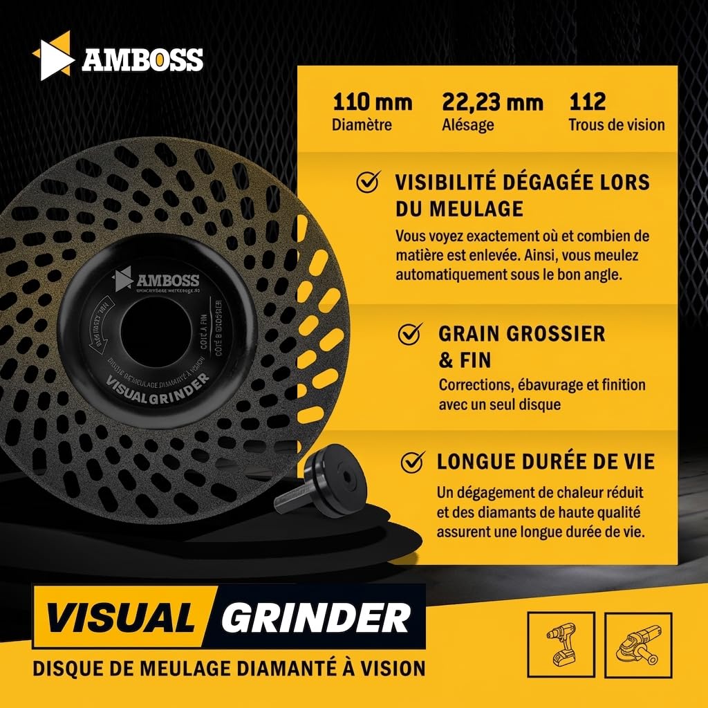 Amboss Disque de ponçage visuel diamant pour meuleuse d'angle/affûtage de couteaux, perceuses, fraiseuses/meulage de pierre, plâtre, béton/Ø 110 mm – alésage 22,2 mm