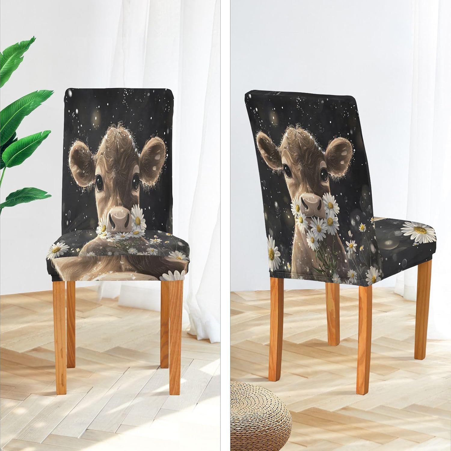 ALAZA Chair Covers for Dining Room, Cute Cow Daisies Stretch Chair Cover Sets Chair Protector Removable Washable for Ktichen Restaurant Hotel