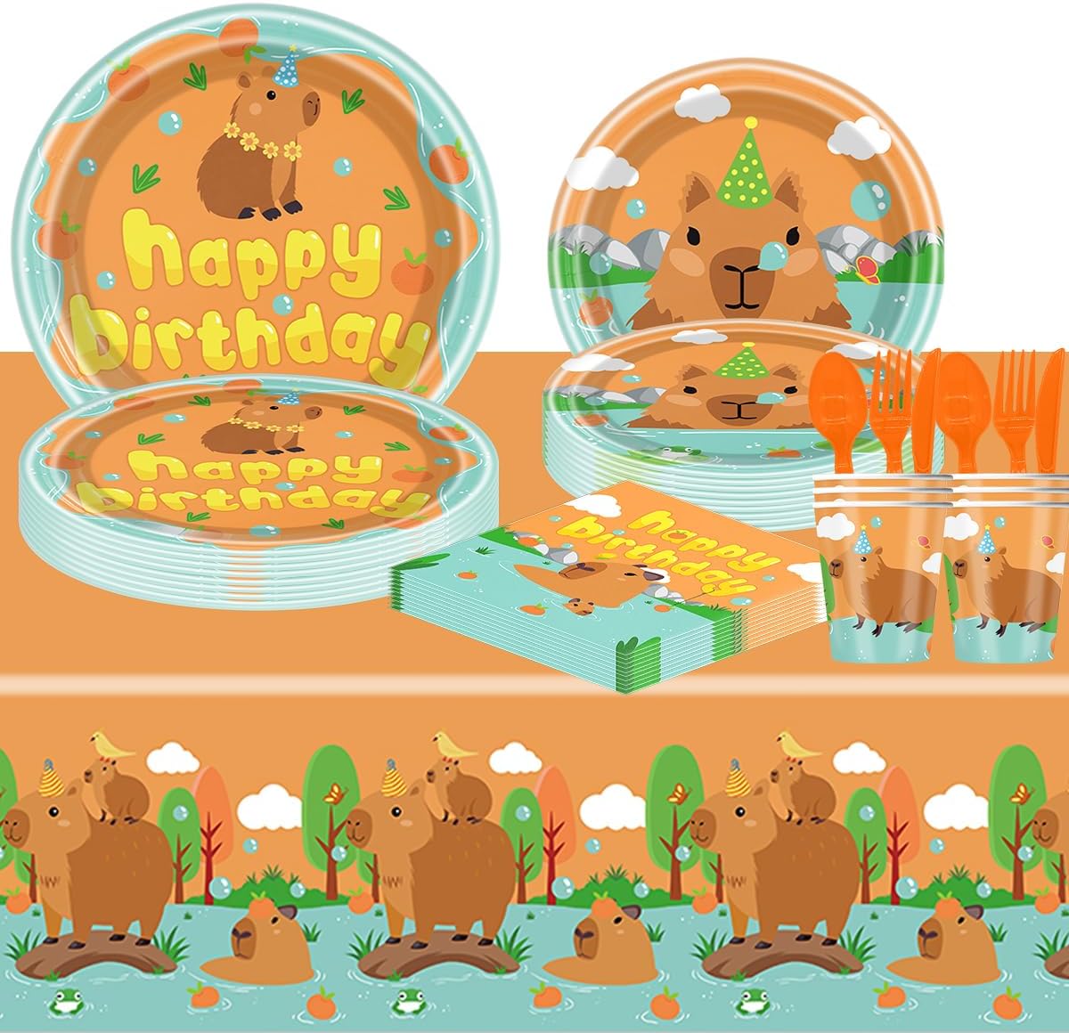 81Pcs Capybara Birthday Party Supplies Cartoon Animal Theme Tableware Set Includes Tablecloth,Plates, Napkins, Cups And Tablewares Capybara Themes Party Supplies - Image 3