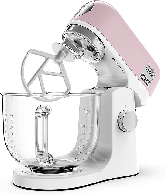 Kenwood kMix Stand Mixer for Baking, Stylish Kitchen Mixer with K-beater, Dough Hook and Whisk, 5L Glass Bowl, Removable Splash Guard, 1000 W, Pastel Pink