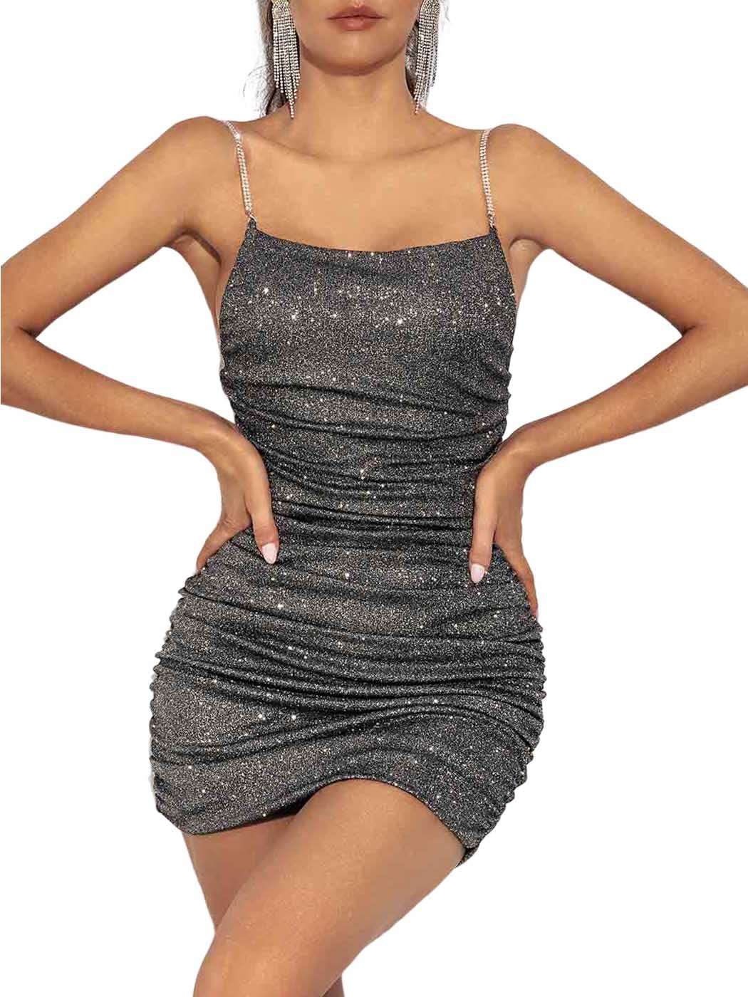 Photo 1 of GRAEEN Glitter Spaghetti Strap Ruched Mini Dress Sleeveless Bodycon Cami Dress Sparkly Party Nightclub Dress Large A1-black