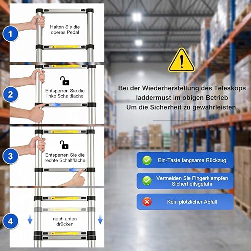 Teleskopleiter aus Edelstahl, Leichte Vielseitige Klappleiter für den Hausgebrauch, Tragbar und Leicht zu Verstauen (3.8M) - 4