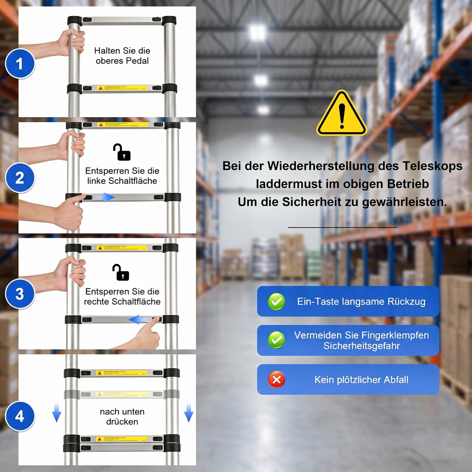 Échelle télescopique de 3,8m, échelle Extensible en Acier Inoxydable renforcé Anti-crochage, échelle Pliable Stable de 150 kg, échelle Pliable à Retrait Lent Anti-crevaison avec Manuel Complet