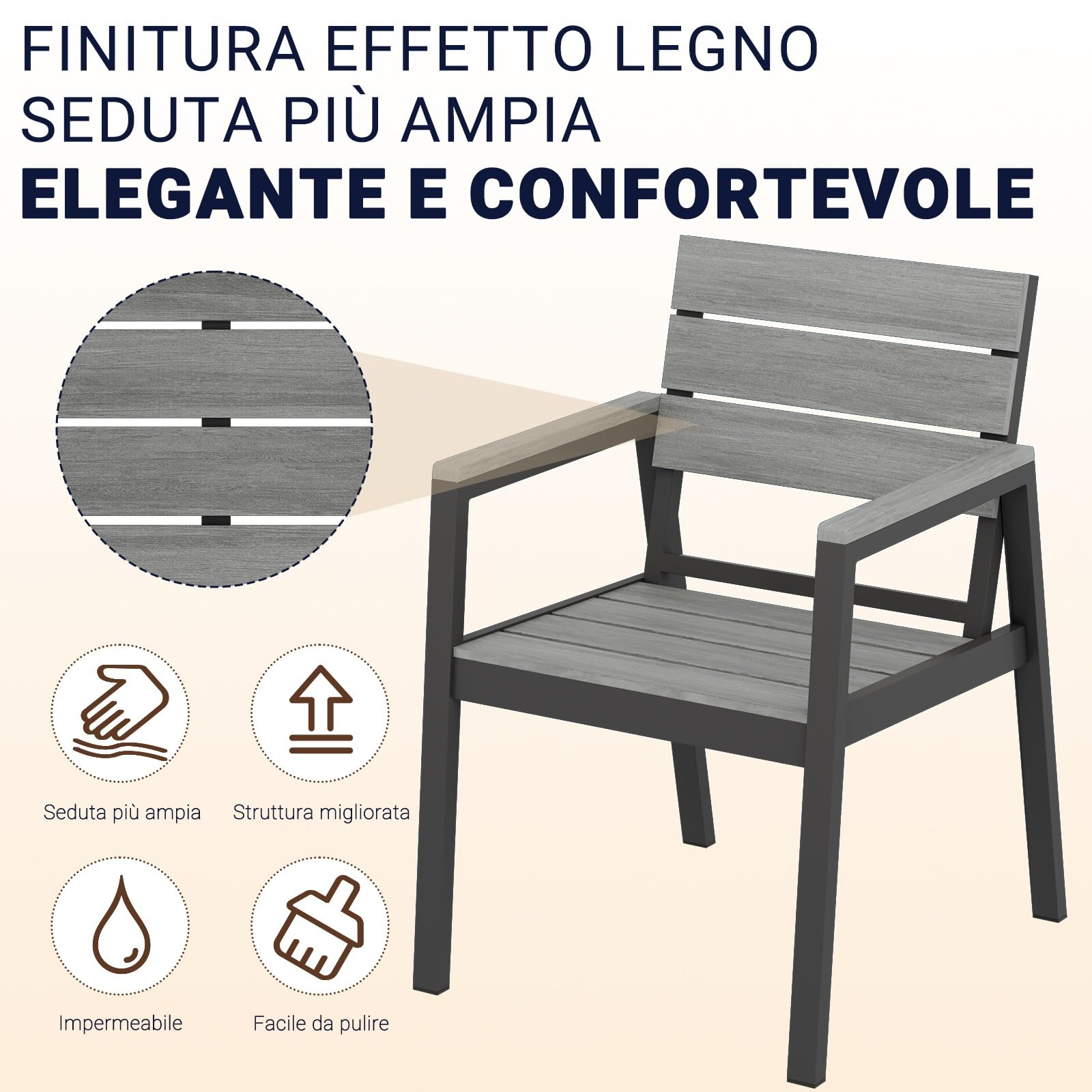 Devoko Sedie da Giardino Set di 2, Sedie da Esterno Alluminio Resistenti e Impermeabili con Finitura a Vena di Legno, Seduta di Dimensione Maggiorata che Supporta 160 kg, Facili da Pulire, Grigio
