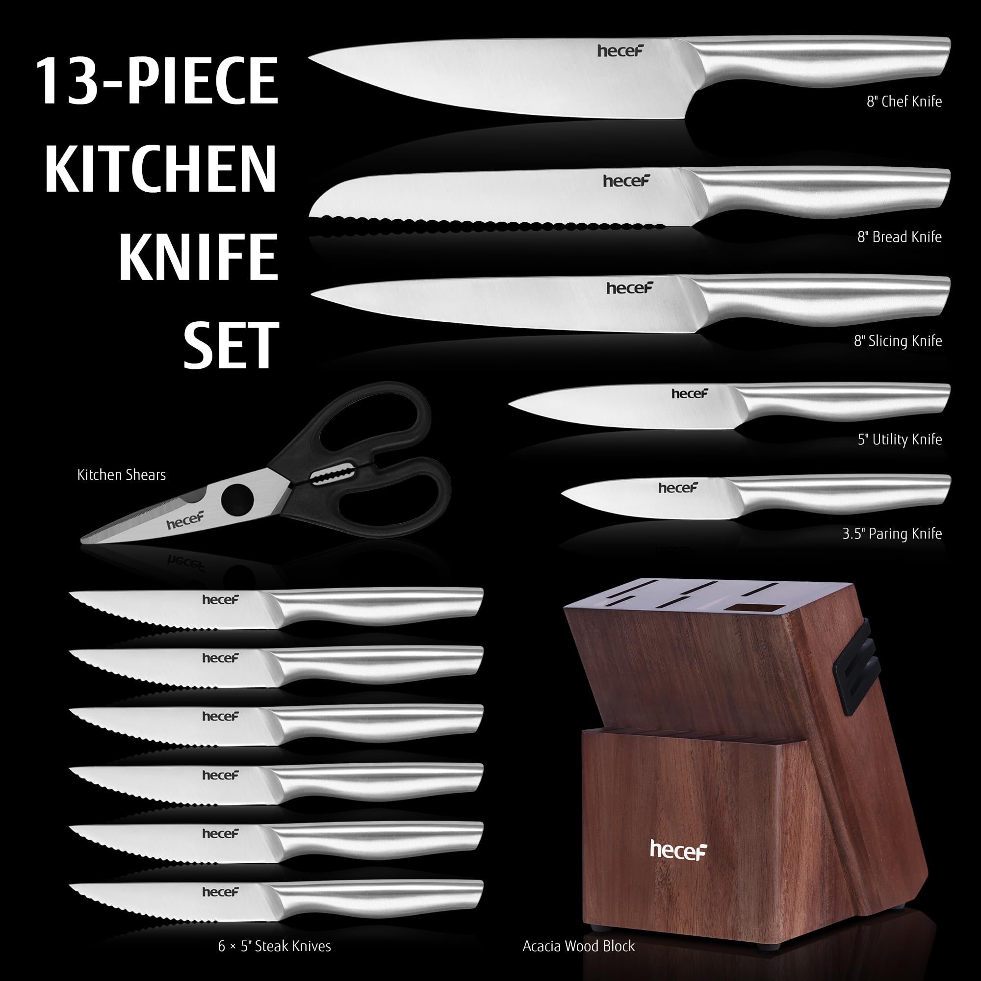 hecef Set coltelli da cucina inox con ceppo e affilatore integrato