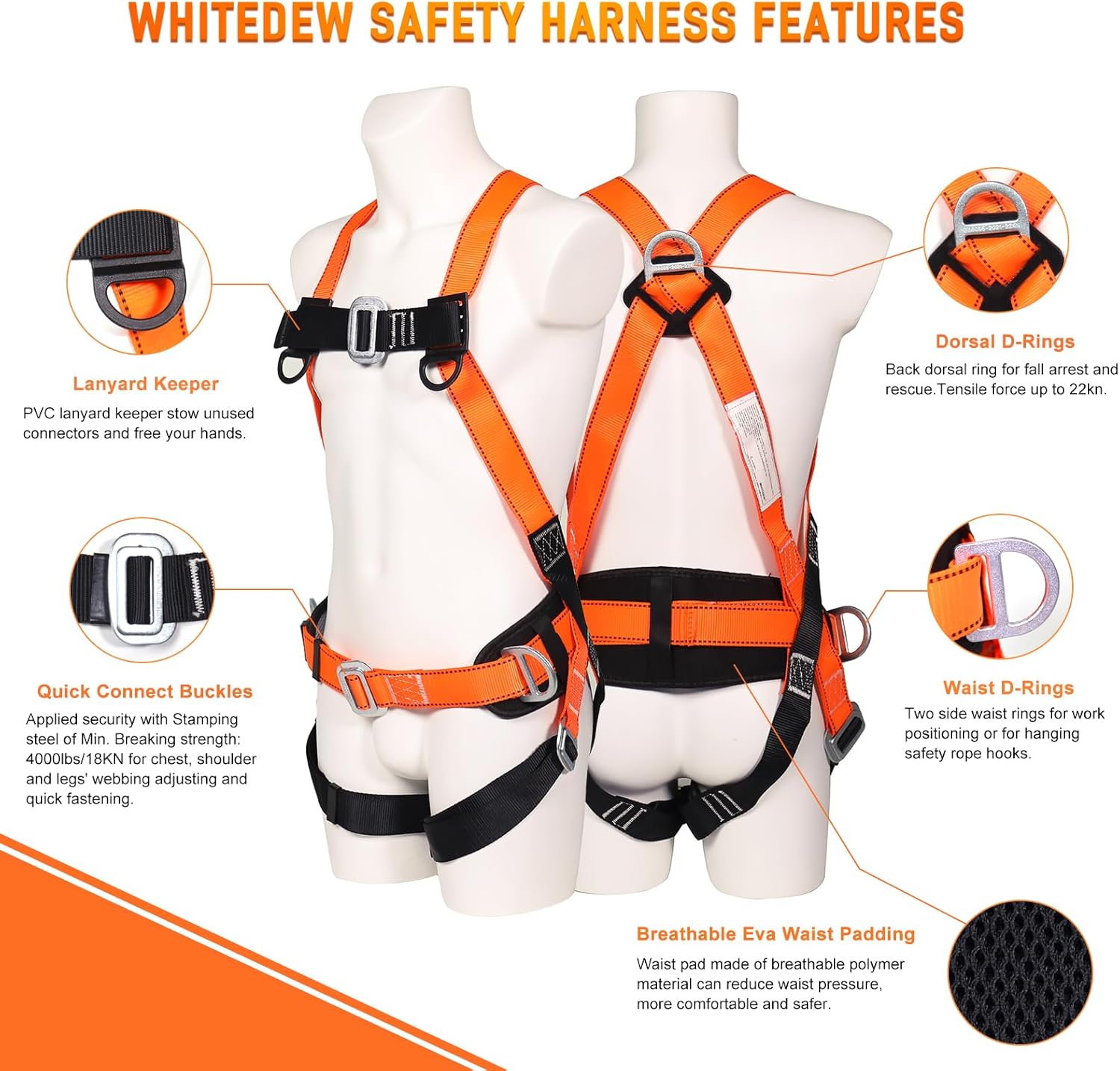Safety Harness Fall Protection Kit with Shock Absorbing Lanyard, Roofing Work Harnesses Full Body Safety Harness for Construction (Orange)
