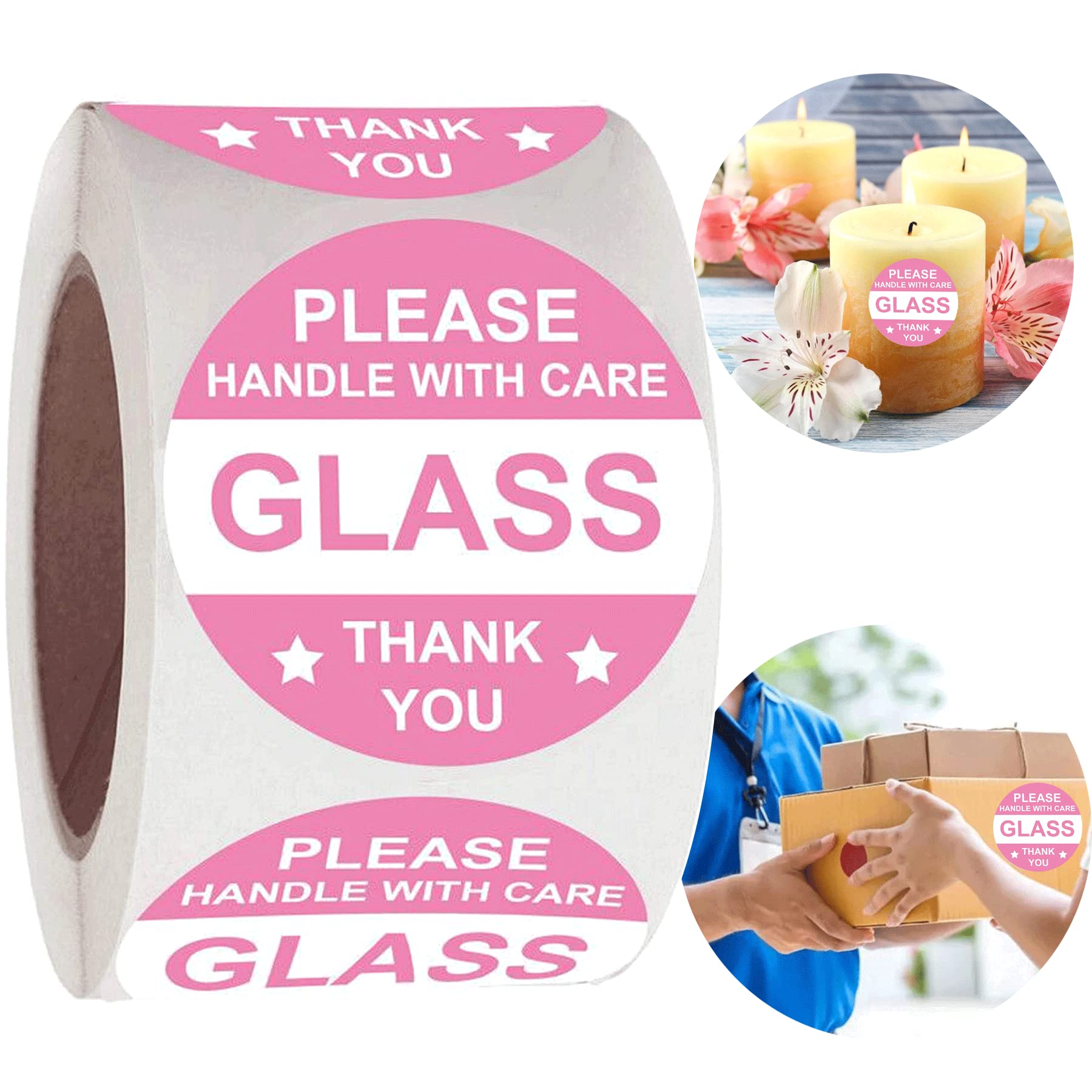 2 Inch Pink Handle with Care Lables Glass Thank You Stickers - Fragile Glass Warning Shipping Labels for Cartons,Envelops,Mailing Packaging 500Pcs Adhesive Handle with Love Labels Glass Stickers
