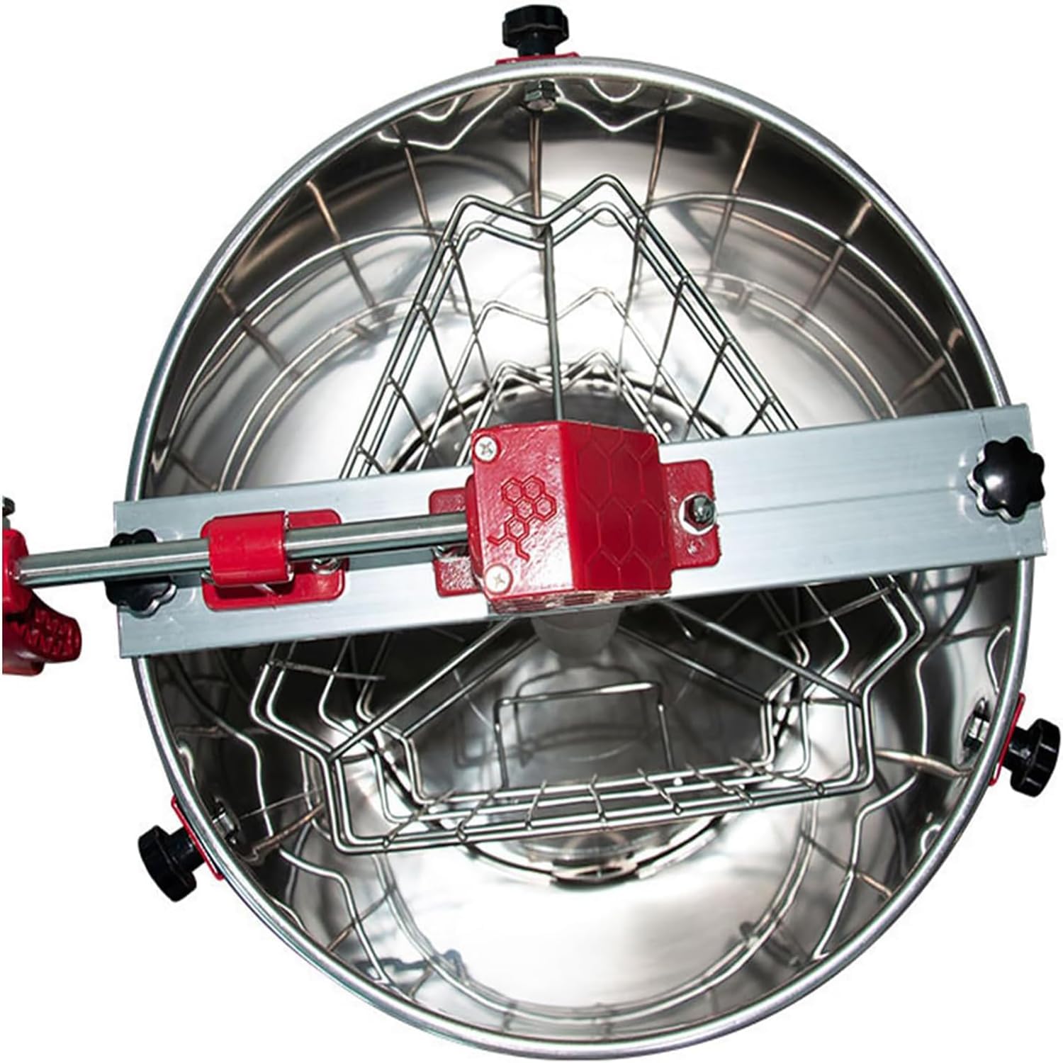 2-Frame Manual Honey Shaker, 5L Stainless Steel Manual Honey Extractor, with Stand&Manual Drive, Rust and Wear Resistance, Plastic Honey Outlet, Plastic-Sprayed Red Iron Legs, for Honey/Grape/Berries