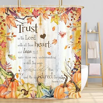 Fall Pumpkin Shower Curtain, Autumn Thanksgiving Harvest Pumpkins Inspirational Quotes Trust in The Lord Rustic Wooden Board Farmhouse Bathroom Curtain, Thanksgiving Bathroom Accessories, 72X72in