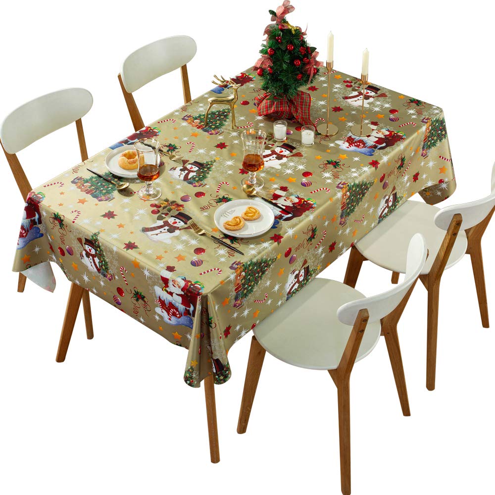DARUITE Christmas PVC Table Cloth Waterproof Wipe Clean, Funny Santa Claus Snowman Printed Plastic Tablecloth Rectangular for Christmas Table Decoration(Champagne Gold,137 x 240 cm)