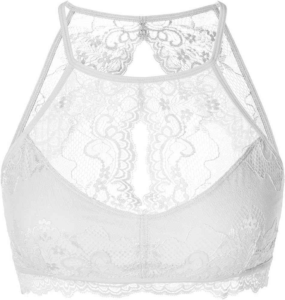 Women's Hi-Neck Lace Halter Bralette Crop Top Floral Bra
