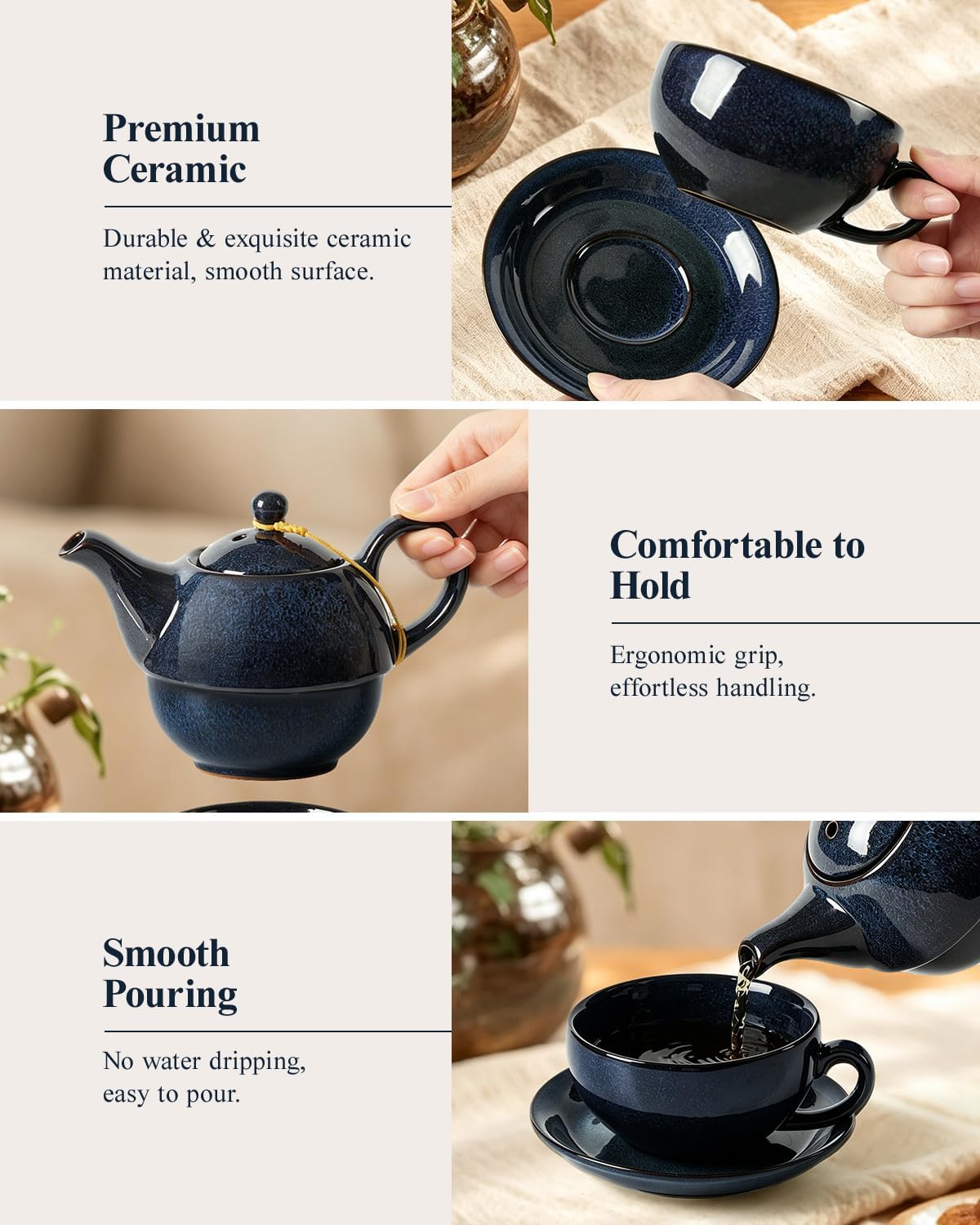 DUJUST Tea for One Set, Kiln Altered Glaze Porcelain Teapot Cup Saucer Set, Unique Tea Sets for Adults/Tea Lovers/Women/Men, Dark Blue