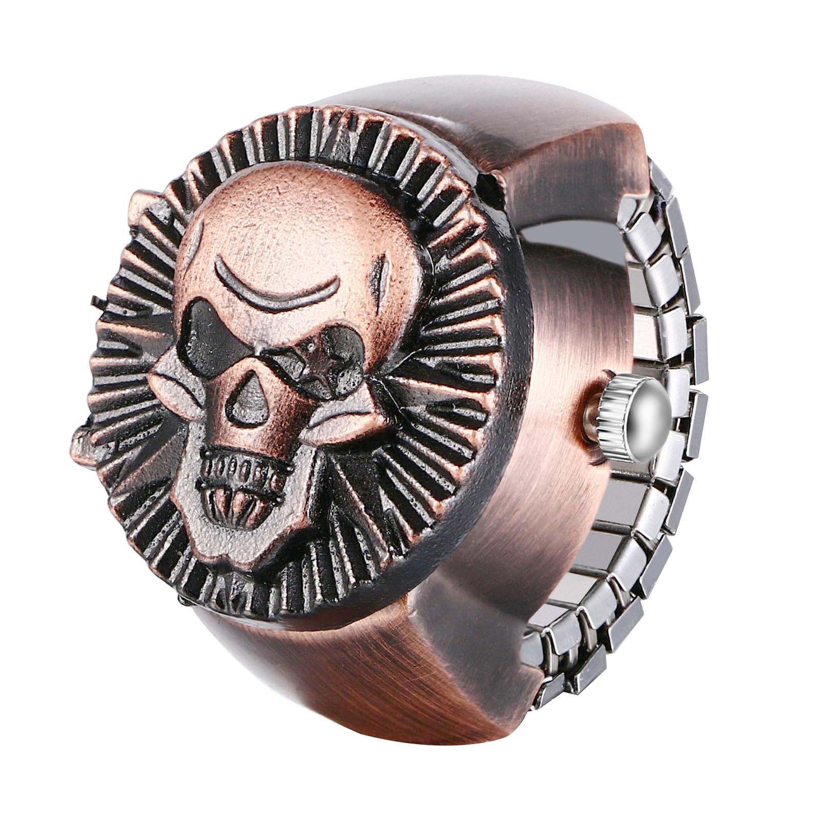 Silverora Ringuhr Totenkopf Fingeruhr Halloween Uhren- Damen Herren Schädel Analoge Quarzuhr Elastisch Edelstahl Ring Uhr Punk Offener Fingerringuhr Uhrenring Geschenke für Männer Frauen Rot