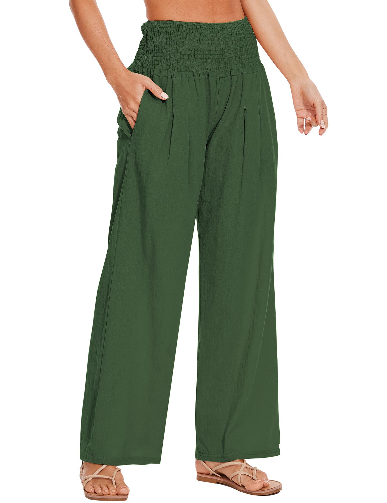 Womens Summer Palazzo Pants Linen High Waist Wide Leg Lounge Pant Casual Vacation Outfits with Pockets