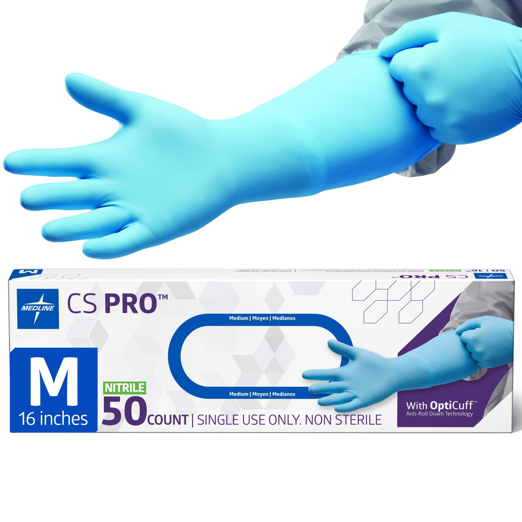 Medline CS Pro 16” Cuff Nitrile Exam Gloves, 50 Count, Medium, Powder Free, Disposable, Not Made with Natural Rubber Latex, Longer Cuff, Thicker Glove