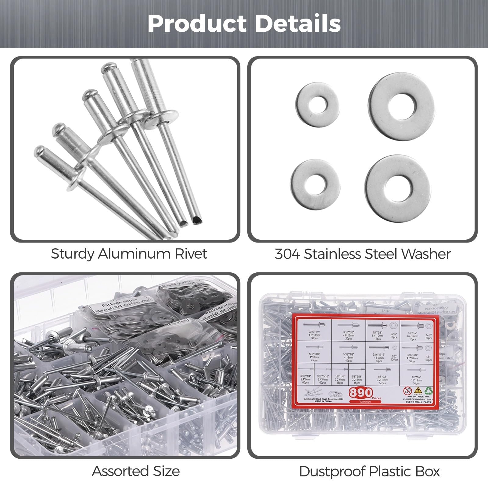 Kit assortito di 890 rivetti pop, rivetti ciechi in alluminio e rondelle piatte in acciaio inossidabile, 14 dimensioni di rivetti, 4 dimensioni rondelle, 1/8", 3/32", 3/16", 5/32", 1/4" per metallo