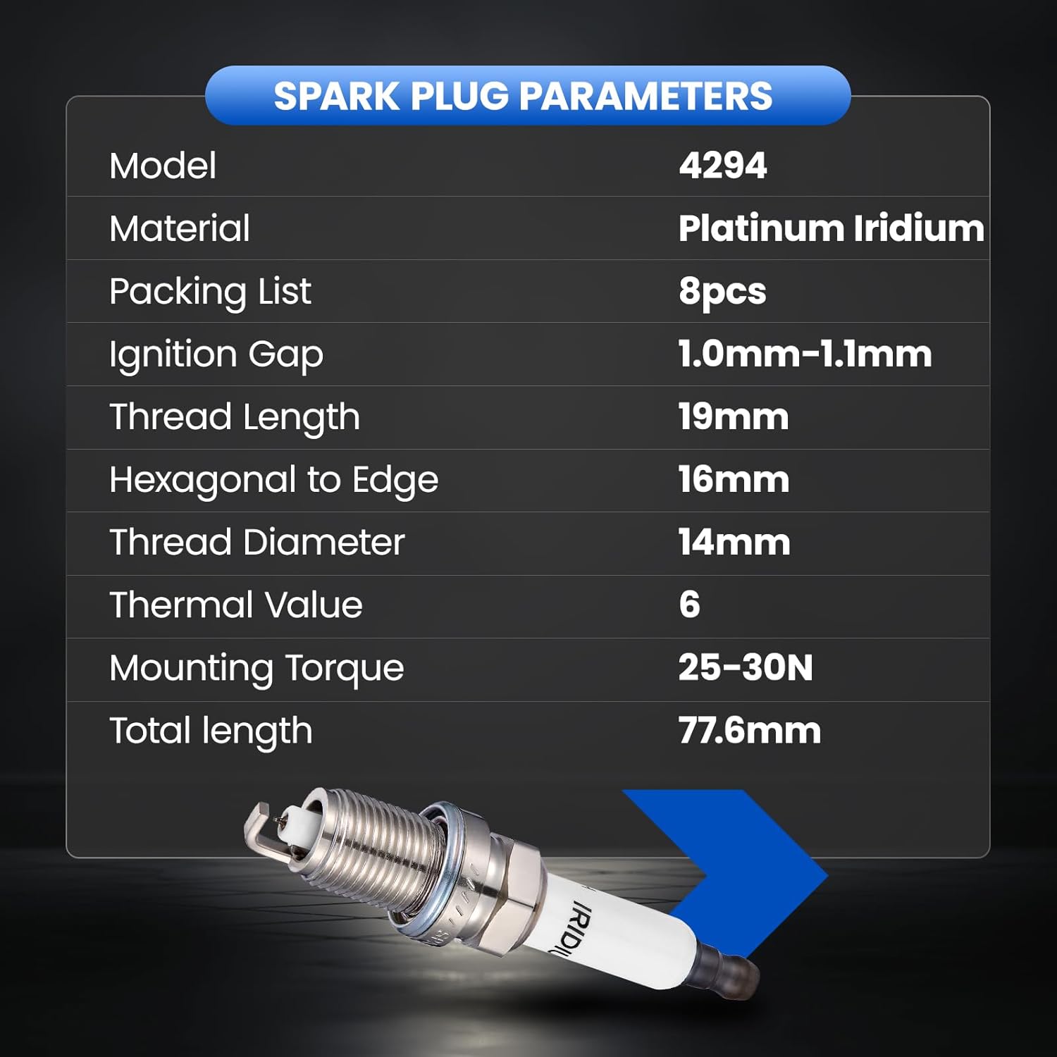 4294 Iridium Platinum Spark Plugs 8 Pack - Compatible with BMW X5 2004-2010, 550i 2006-2010, 750i 2006-2008, 750Li 2006-2008, 650i 2006-2010, 4.8L V8 Engine - Replaces IZFR6H-11 Spark Plug