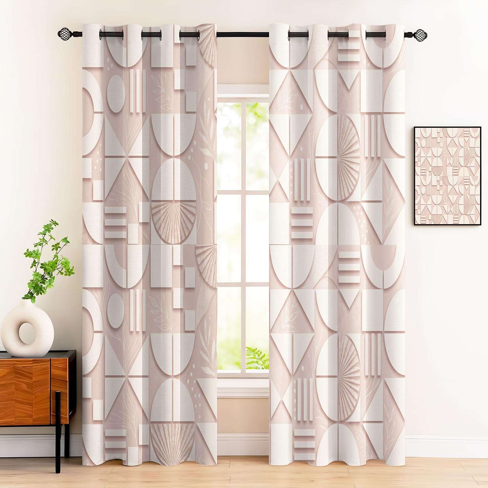 Rideau pour fenêtre de chambre rose clair anti-regard à motif géométrique