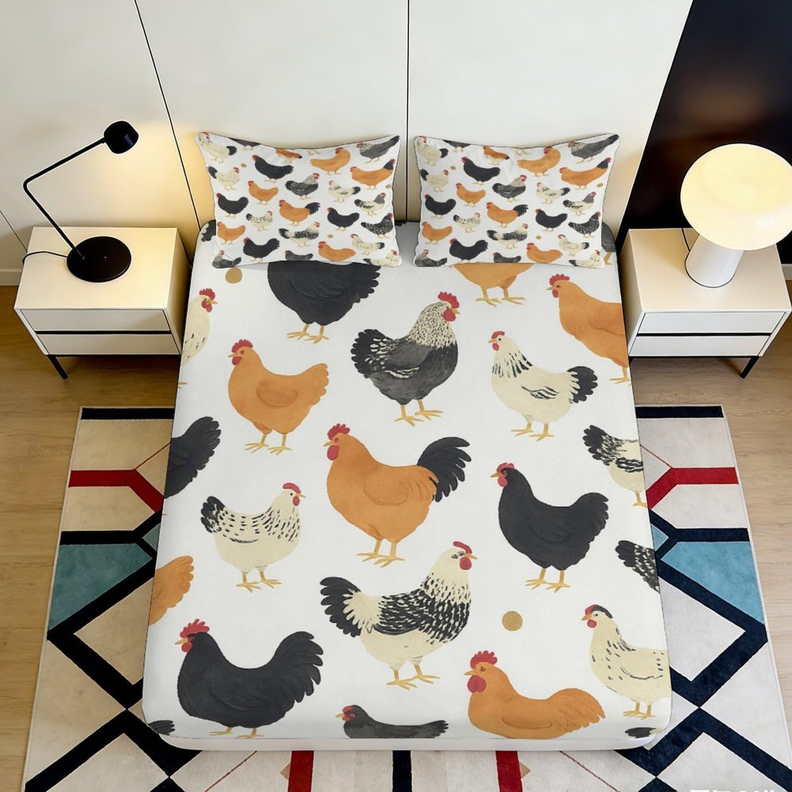 3D Printed Chicken Farm Fitted Sheet Microfiber Soft Durable Hen Pattern Mattress Cover for Bedroom Dorm Decor 90x200x25cm