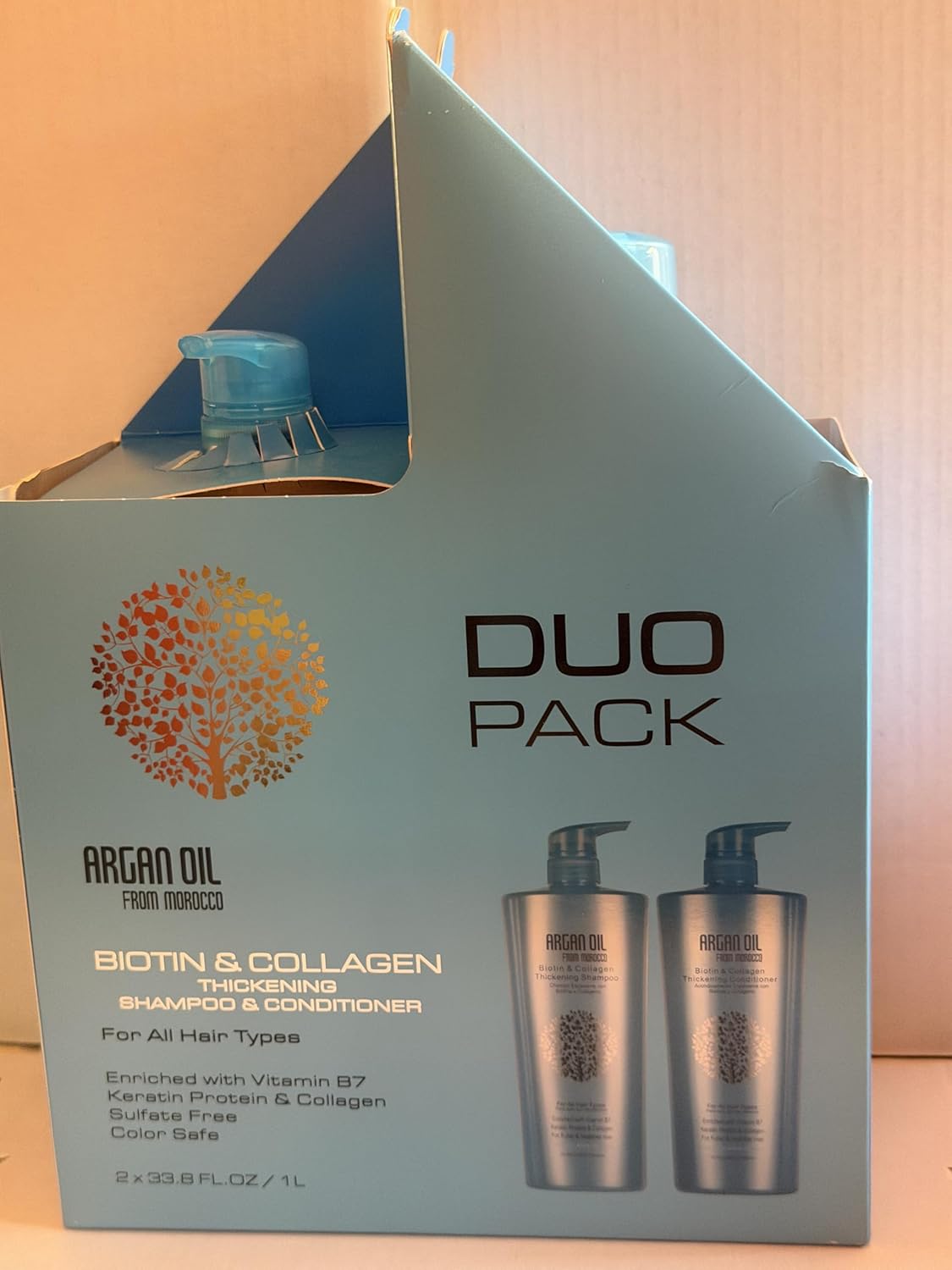 Argan Oil from Morocco Biotin & Collagen Thickening Shampoo & Conditioner, Enriched with Vitamin B7 Keratin Protein, Sulfate Free, Color Safe, Duo pack, 2x33.8 Fl oz