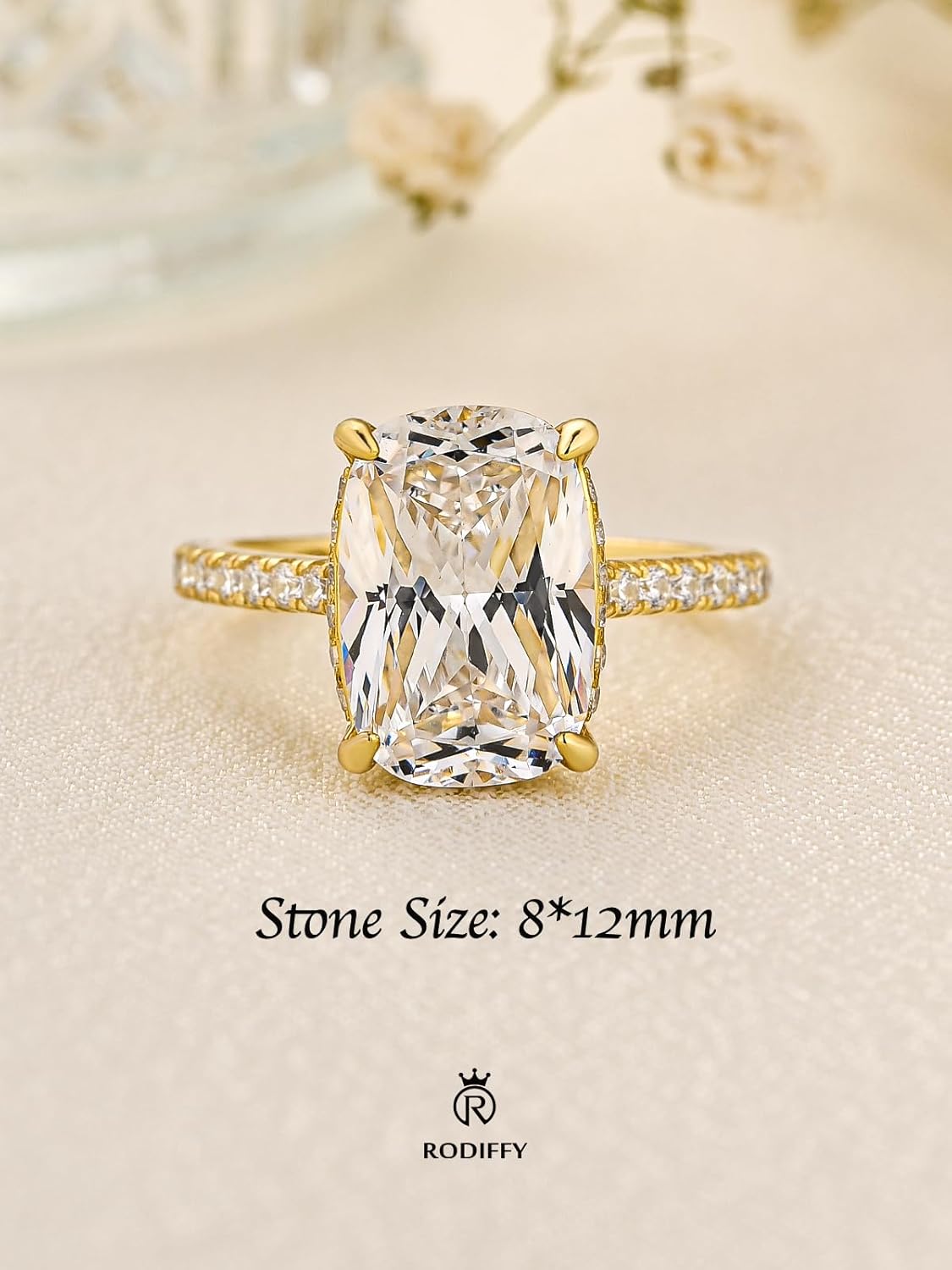 4 Carats Elongated Cushion Cut Engagement Ring for Women, 14K Gold Plated S925 Sterling Silver 5A Cubic Zirconia Ring, 8×12mm 5A CZ Pavé Band Promise Ring