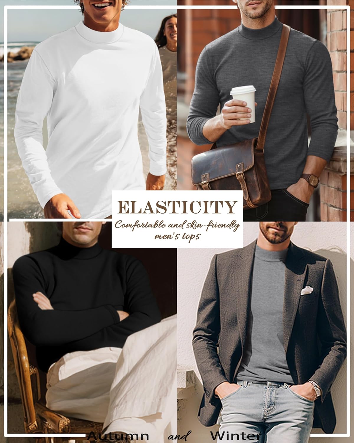 5 Pack Men's Mock Turtleneck Shirts, Long Sleeve Tops Pullover Basic Casual Slim Fit Lightweight T-Shirts Pack - Image 4