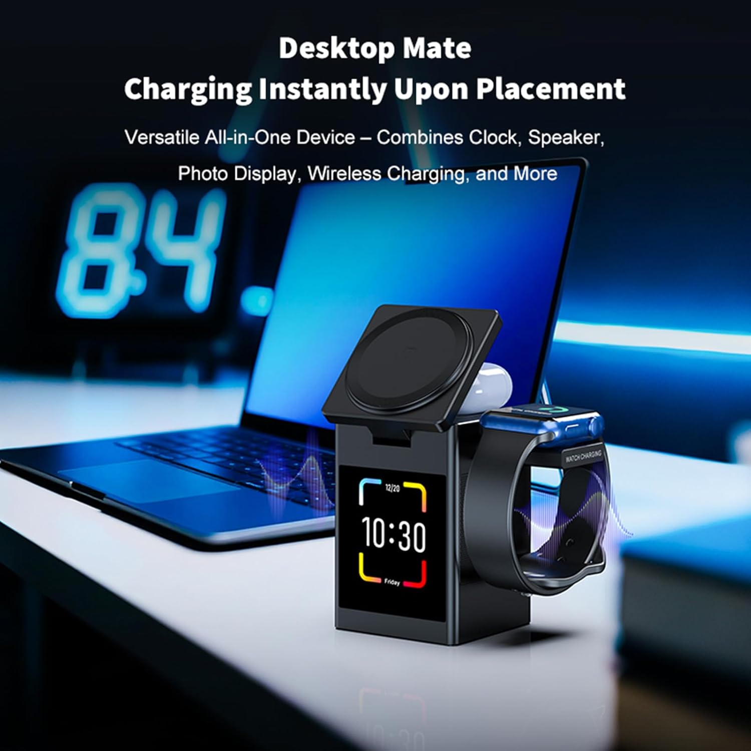 Vivilumens 7-in-1 Wireless Charging Station with Bluetooth Speaker Alarm Clock, LCD Touch Screen, Multifunctional 3 in 1 Wireless Charger, 18W Fasting Charging, Gifts for Men Teenage Boys