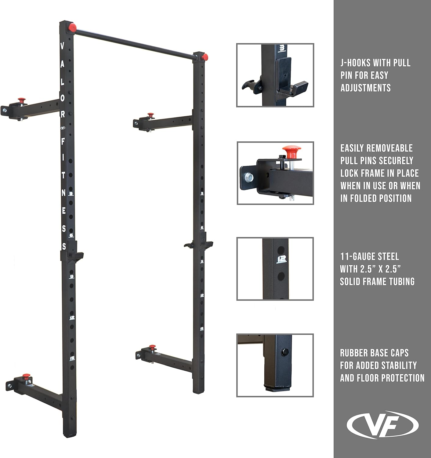 Valor Fitness Squat Rack with Pull Up Bar & J Hook Bar Catch - Wall Mounted & Folding Compact Space Saving - Home Gym Total Body Workout Equipment