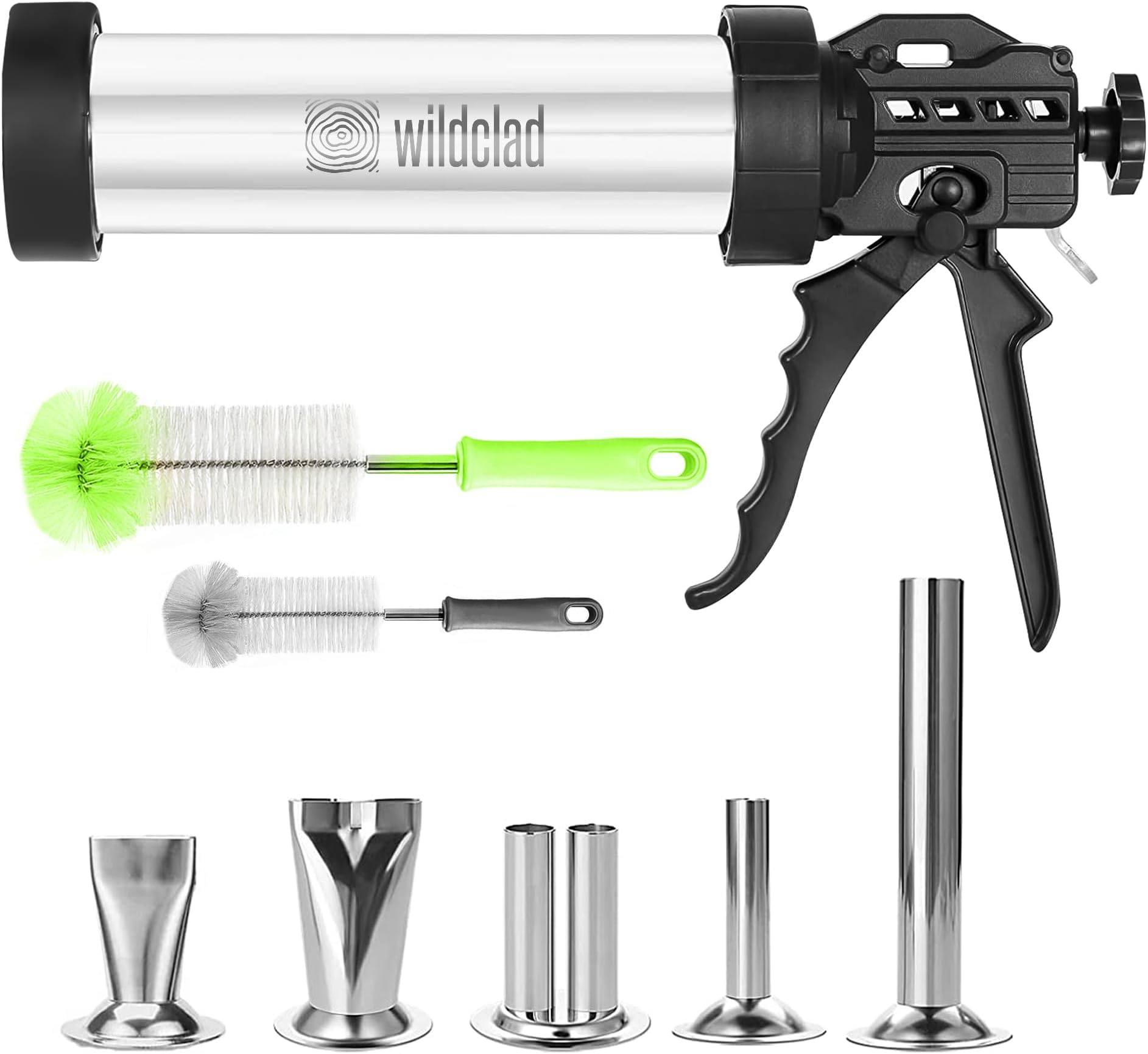 WILDCLAD Manual Beef Jerky Gun Kit - 1.5 lb Capacity Large Sausage Stuffer Machine - Stainless Steel Meat Press Pistol - Meat Gun w/ 5 Stainless Steel Nozzles & 2 Brushes - Durable Jerky Making Kit
