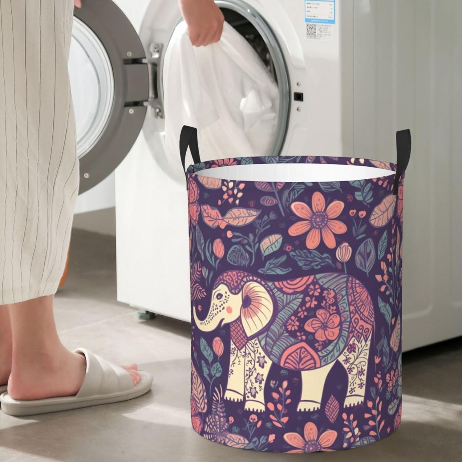 Flower-elephant Laundry Basket With Handles, Foldable Laundry Hamper Oxford Cloth Dirty Clothes Basket Waterproof Clothes Toys Storage Bin Organizer for Bedroom Bathroom Dorm