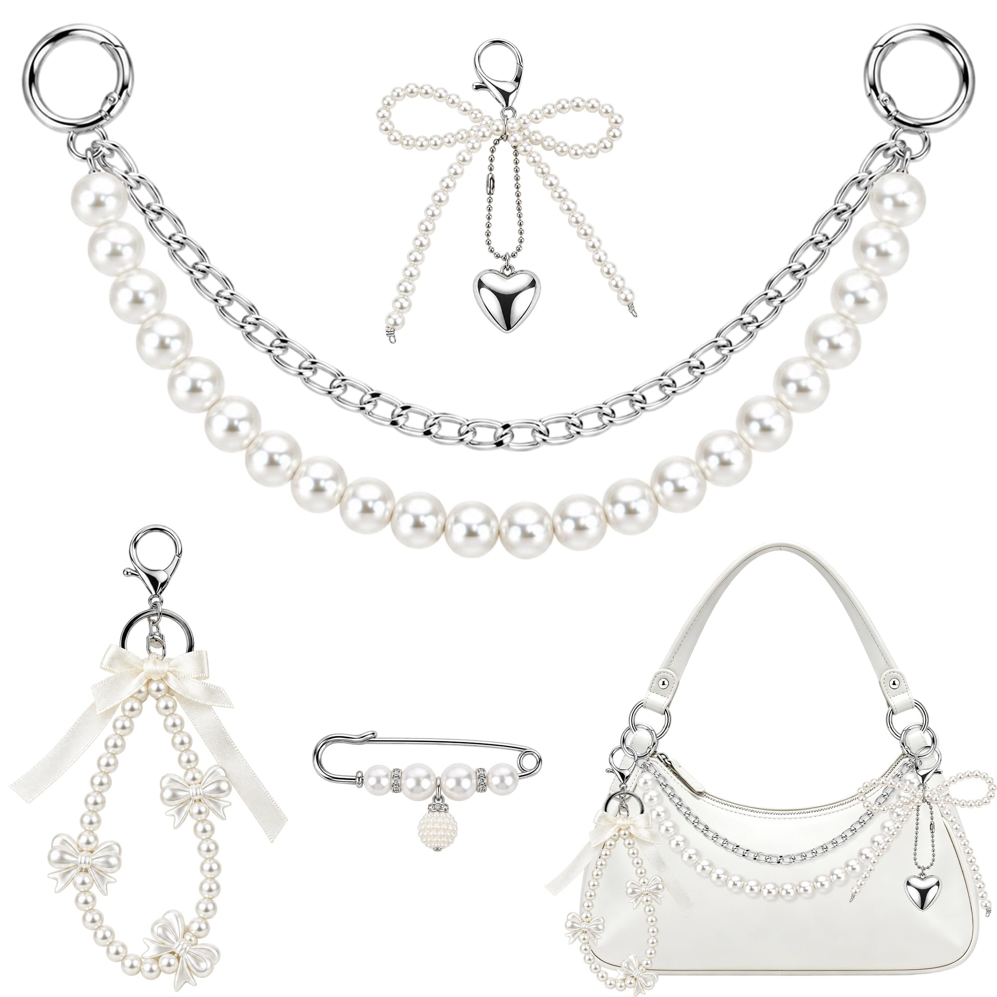 Bow Bag Charms Keychain - Silver Cute Pins Pearl Bags Chain Decor