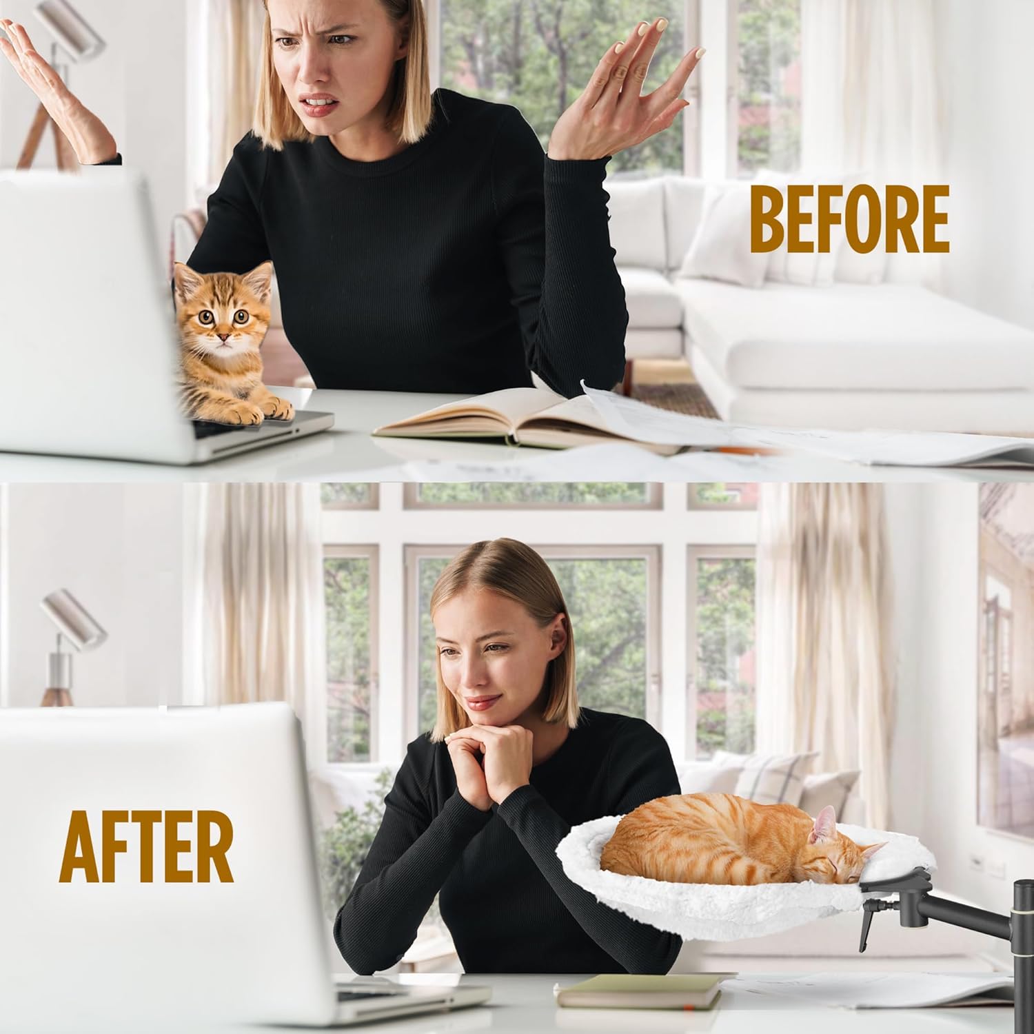 Deskside Dreamer - Cat Desk Perch, [+ Catnip Fish Toy], Comes with [2 Washable Fabrics]: Mesh and Plush, 360° Rotating & Height Adjustable [White]. Max Weight 35LBS
