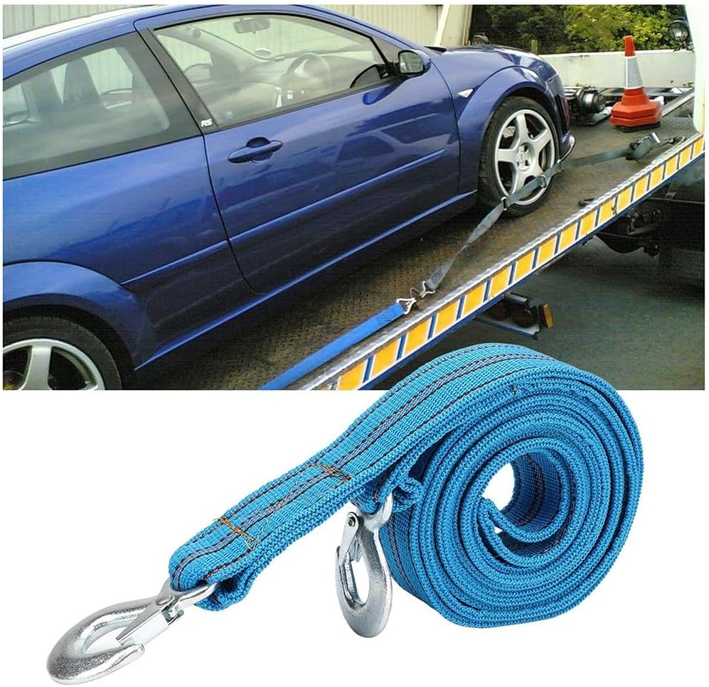 Heavy Duty Tow Strap with Safety Metal Hooks 5M 10T Strong Break Strengthened Blue Nylon Shackle Towing Rope for for Vehicle Recovery in Roadside Emergency(5 Meters Single Layer)