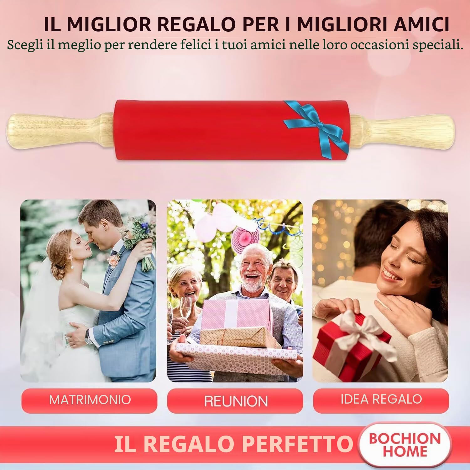 BOCHION Mattarello Antiaderente in Silicone, Mattarello con Manici in Legno, con Tappetino da Forno in Silicone, Mattarelli Acciaio Inox per Pasta, Pizza, Biscotti, Pasticceria, Fondente (43cm)