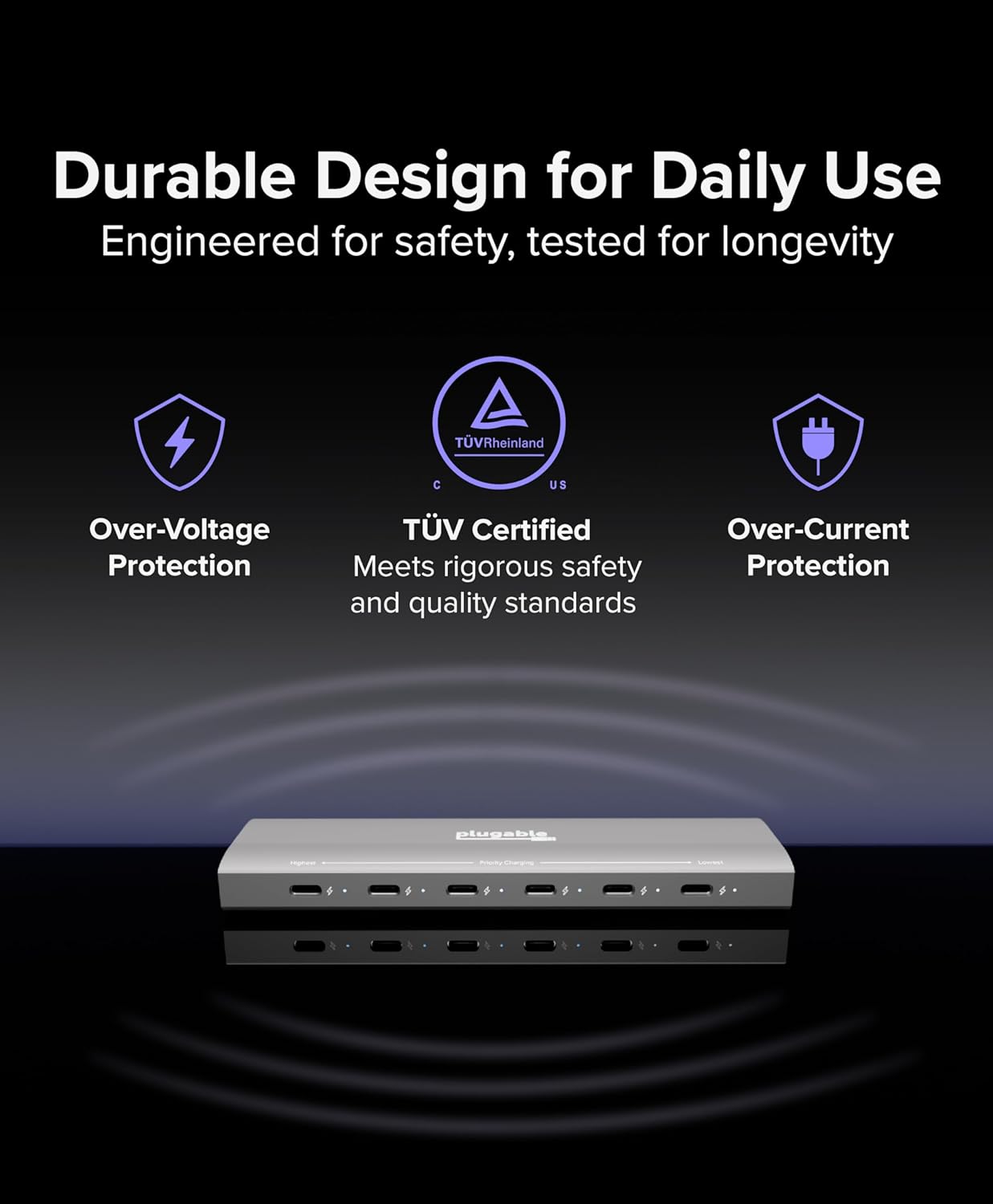 Plugable 6 Port USB C Charging Station, Up to 100W Charger for Multiple Devices with Priority Charging, Desktop Power Hub for USBC Devices Including Laptops Phones Tablets Earbuds and More (PS-6CC)