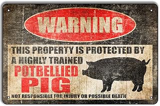 Warning This Property Is Protected By Highly Trained Potbellied Pig, 5.5x8inches Vintage Tin Metal Sign, Funny Pig Decor For Barn Homestead, Gift For Potbelly Pig Lovers
