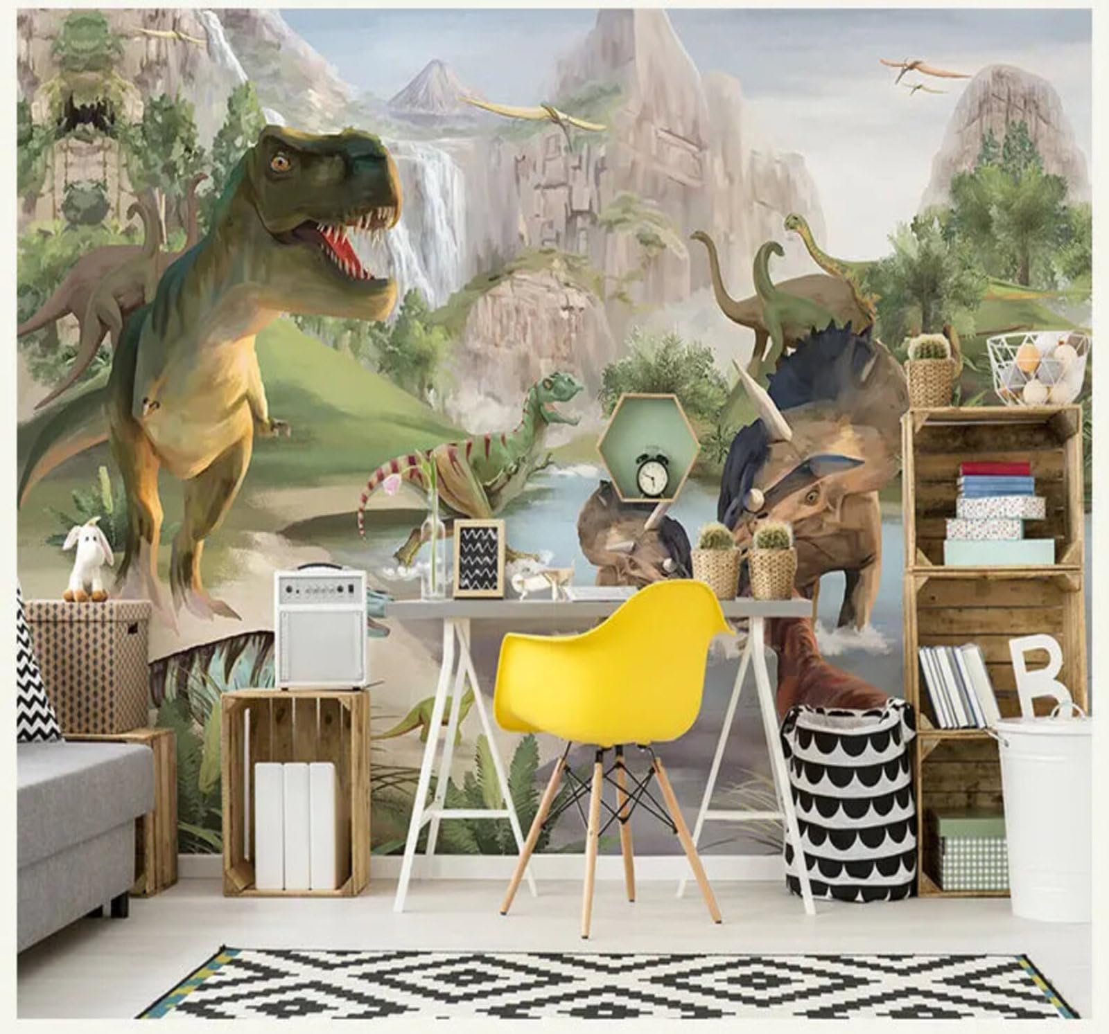 Wallpaper-3D-Xlm 250Cm×170Cm(B×H) Cartoon Landscape Waterfall Animals Dinosaurs 3D Wallpaper Easy Install Feature Office Living Room Sofa Bedroom Tv Background Wall Decoration-250Cm×170Cm