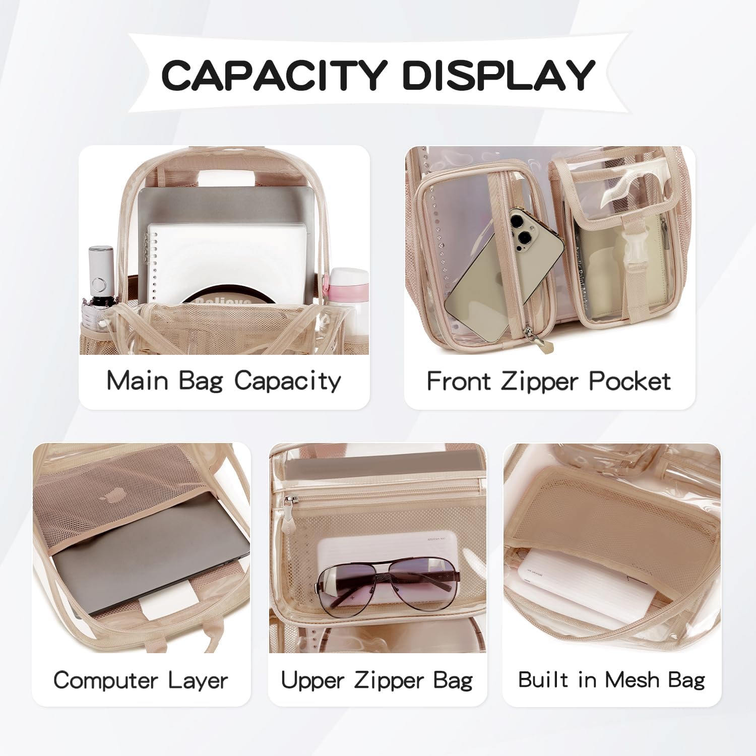 Cusangel Gold Clear Backpack For Daypack,16in TPU Large bookbag Heavy Duty See Through Transparent School Bookbag for Sport Event,Stadium Events&Work - Image 6