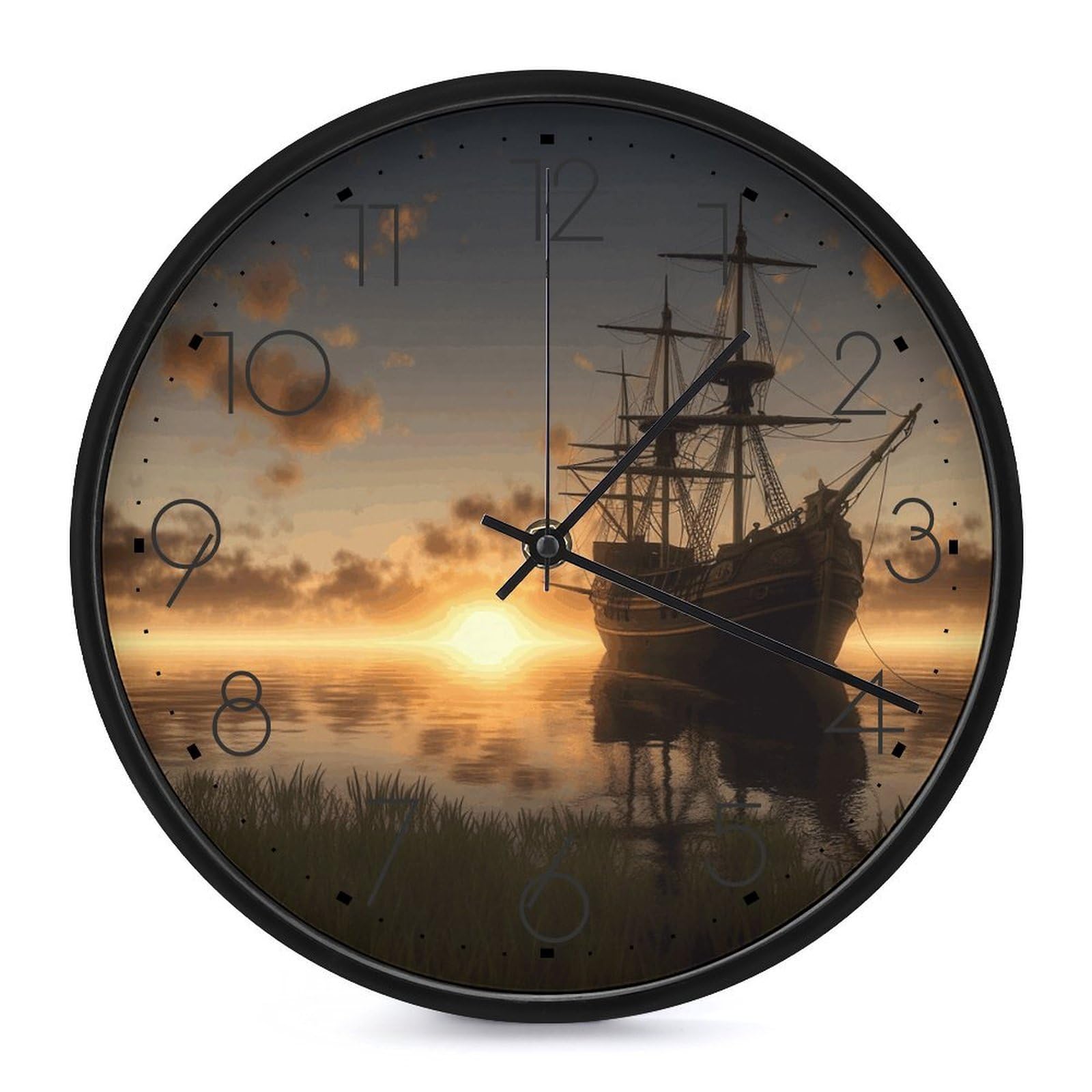 Adfgyerh Black-Style Ship In The Lake Sunset Clock，9.8 Inch Battery Operated Wall Clock Classic Simple, Decorative Wall Clock.analog Clock For Kitchen Office Bathroom Bedroom.