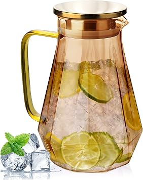 68oz Glass Pitcher with Wide Handle and Gold Stainless Steel Lid for Fridge