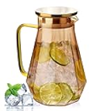 68oz Glass Pitcher with Wide Handle and Gold Stainless Steel Lid for Fridge Door,Leak-Proof Water Jug Heat Resistant Glass Water Carafe for Iced Tea, Milk,Dishwasher Safe(Amber)