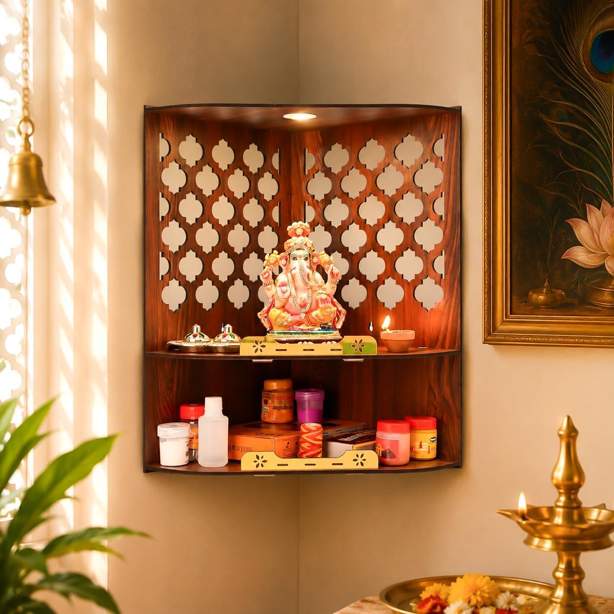 Wooden Temple Store presents Wooden Corner Pooja Mandir for Home & Office | Wall Mounted Pooja Stand with LED Light | GKD Compact Temple for Wall Corner for Desk (17 x 10 x15 Inch)