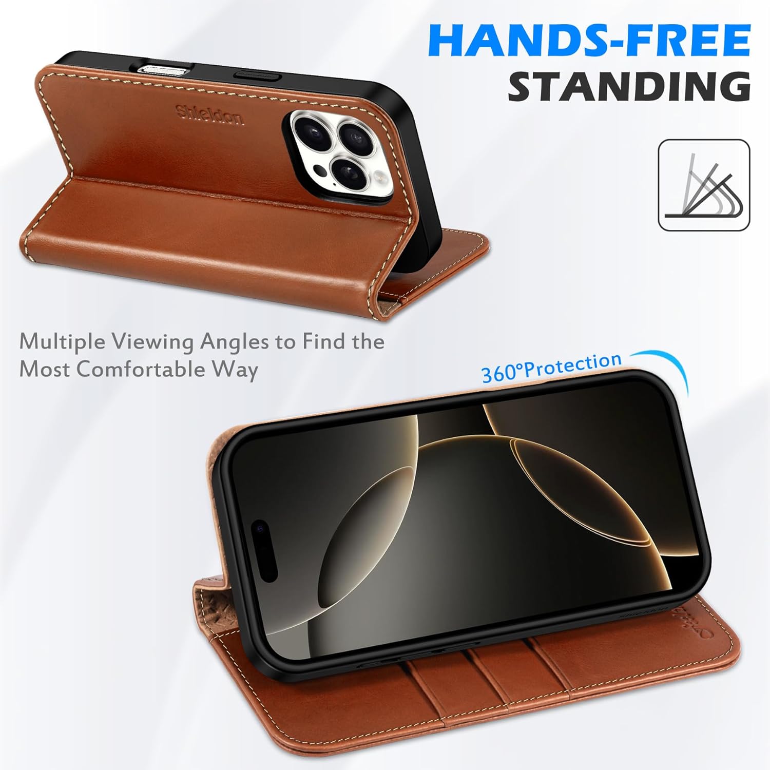 SHIELDON Wallet Case for iPhone 16 Pro 6.3" 2024, Genuine Leather Folio Magnetic Closure RFID Blocking Card Holder Kickstand Full Protection Phone Case Compatible with iPhone 16 Pro - Retro Brown - Image 5